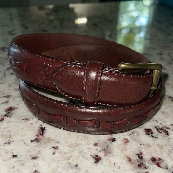 Fossil Genuine Leather Brown Belt 32” Braided Woven Bow Tie Embossed Solid Brass - Picture 1 of 8